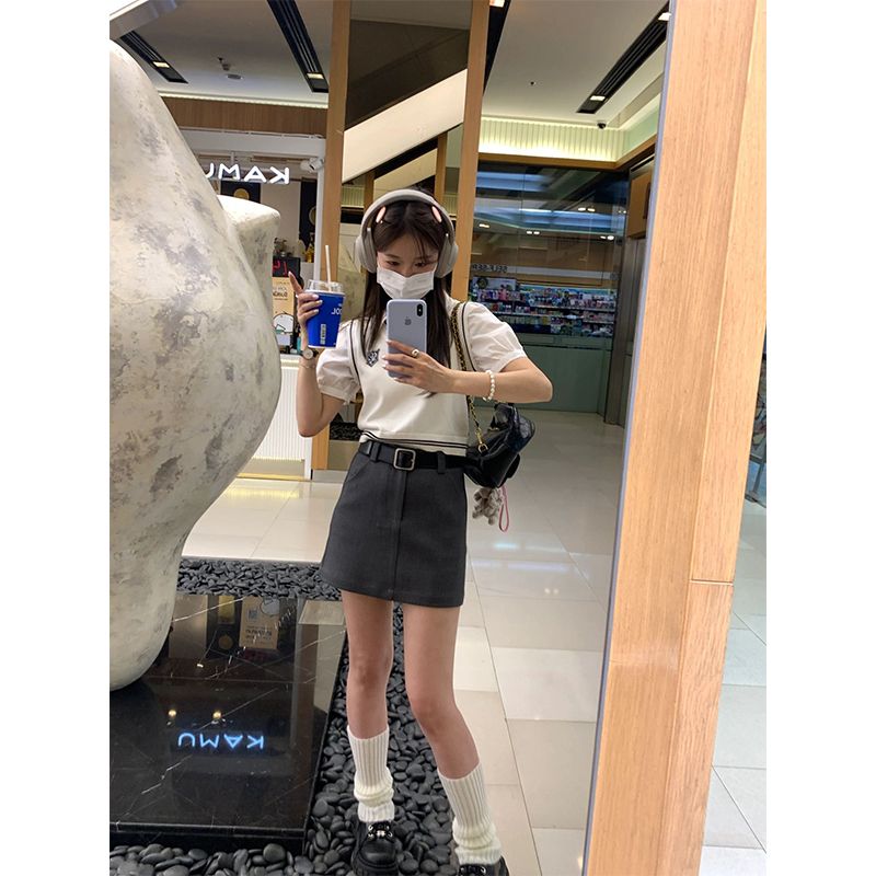 大碼胖mm灰色西裝短裙女夏季2023新款辣妹高腰顯瘦時尚a字包臀裙