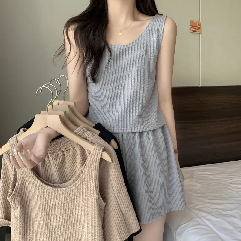 純色背心運動套裝女2023夏季新款舒適懶人寬鬆休閒背心短褲兩件套