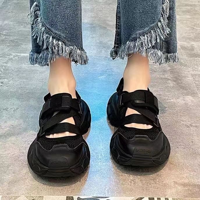 爆款厚底老爹鞋女2023新款夏網面透氣百搭魔術貼包頭休閒運動涼鞋