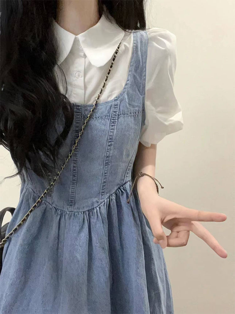 單件/套裝港味復古學院風減齡收腰顯瘦牛仔背帶裙女學生+短袖襯衫