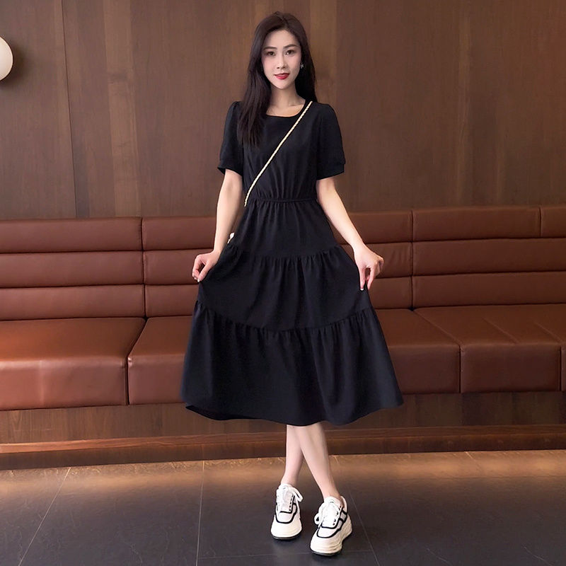 Xiaozi short-sleeved dress women's mid-length  new temperament slim waist fashion high waist loose casual skirt