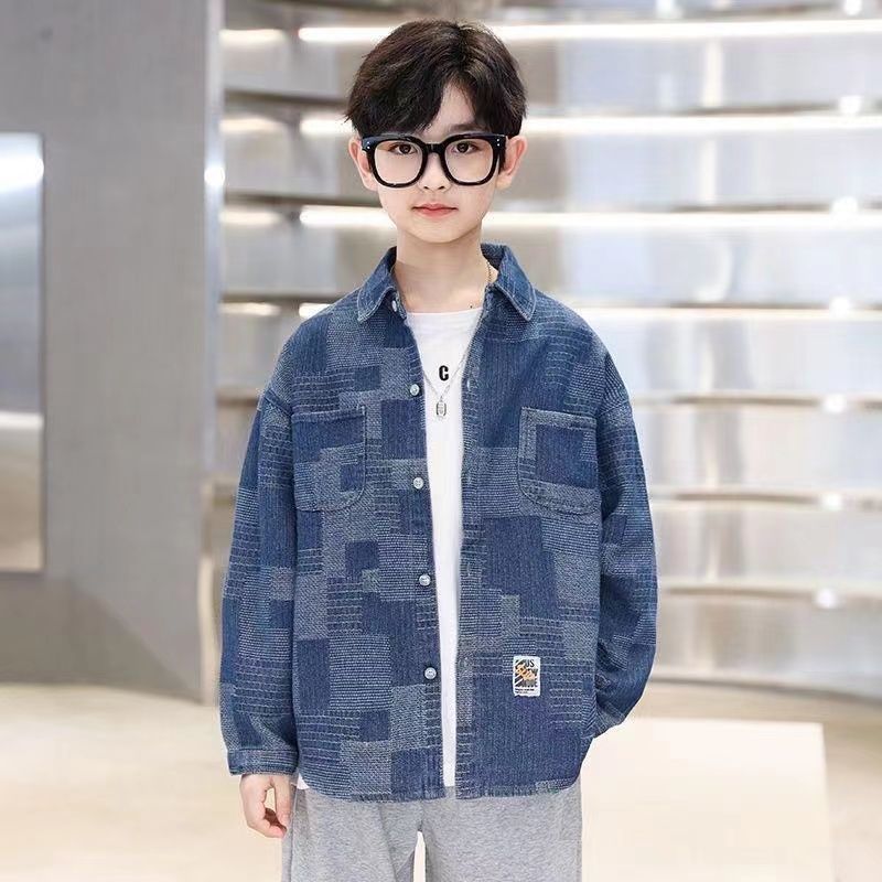 Boys' denim shirt 2023 spring and autumn new style children's long-sleeved casual jacket student shirt cardigan outer top