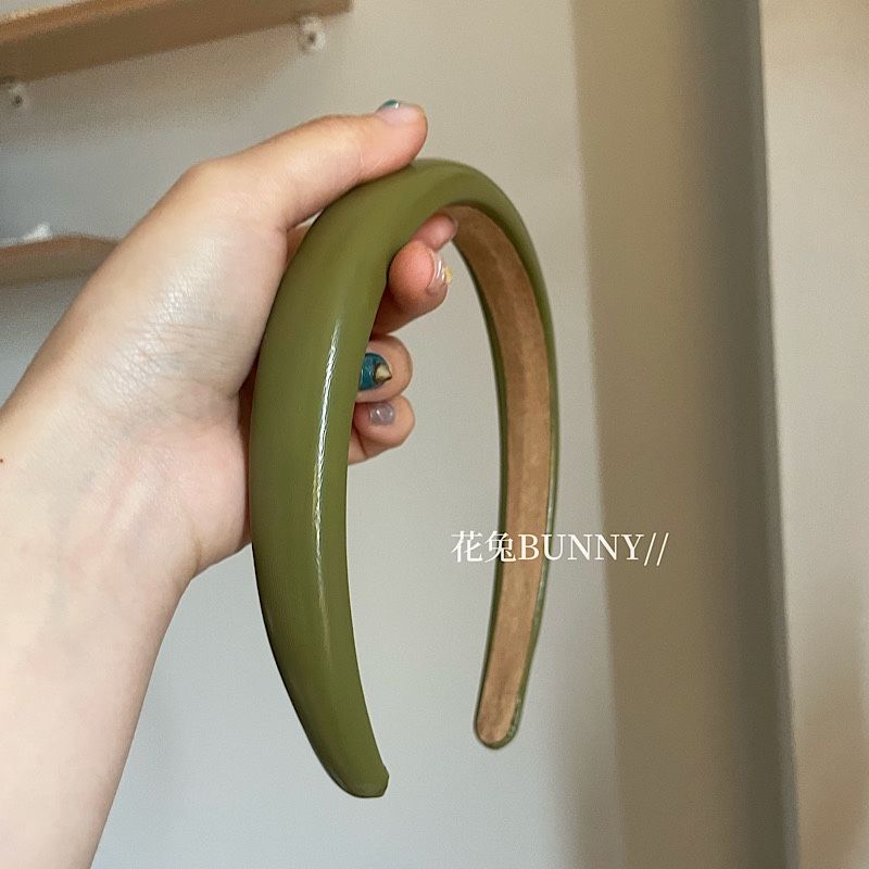 Whitening Matcha Green Lacquer Leather PU Sponge Thin Hair Hoop Korean Elegant Daily Face Showing Small Headband Hair Accessory