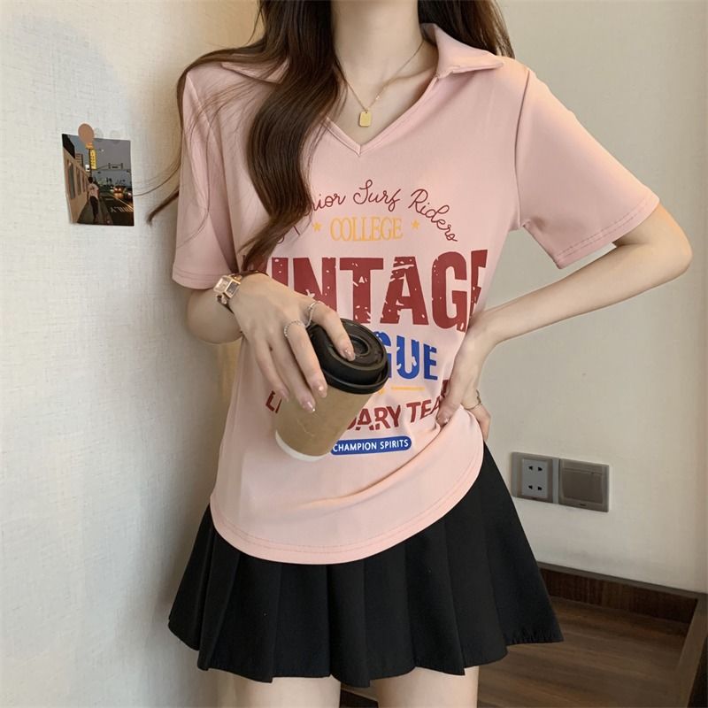 Western-style French short-sleeved thin section trendy polo shirt summer plus size women's clothing slightly fat mm200 catties girls v-neck T-shirt