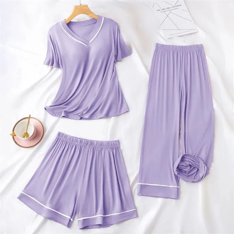Large size pajamas with chest pad women's summer thin loose short-sleeved cropped pants shorts suit home service three-piece suit