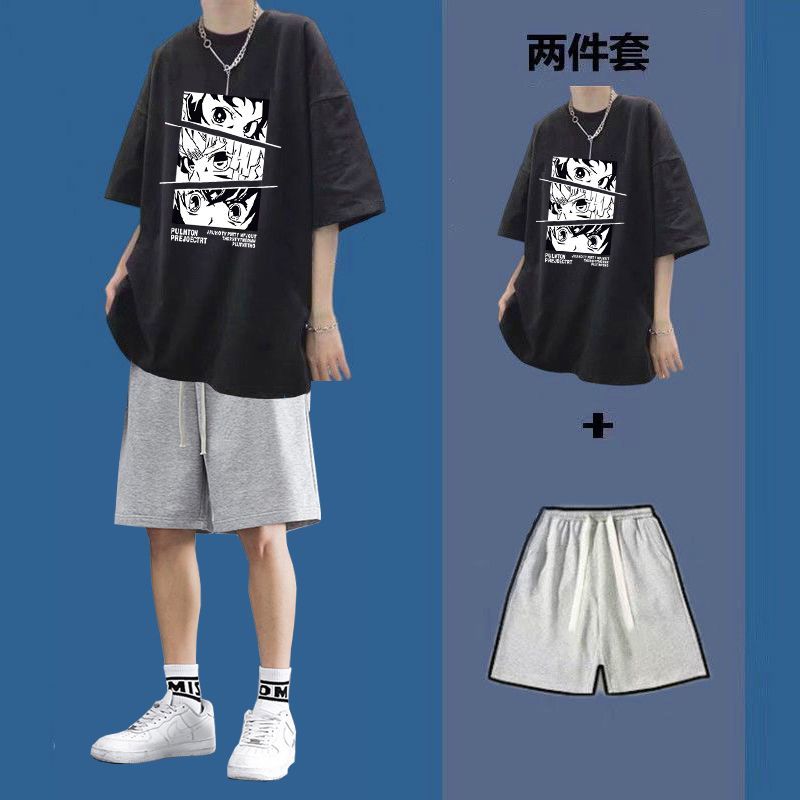 Printed short-sleeved T-shirt men's summer loose men's clothing set with shorts handsome ins fashion brand boys' clothing suit