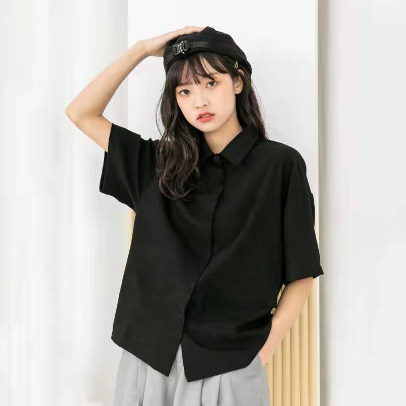 日系短袖jk黑色襯衫女韓版學生寬鬆復古港味襯衣女夏季外套上衣潮
