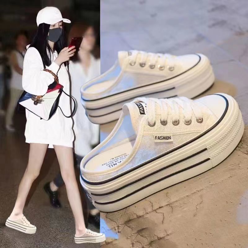 大頭帆布鞋女2023夏季新款薄款透氣蕾絲網紗面厚底松糕增高小白鞋