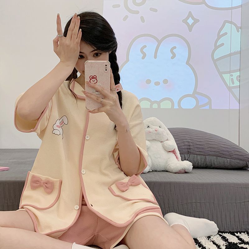 軟fufu睡衣女夏天日系甜美短袖套裝華夫格可外穿親膚柔軟家居服