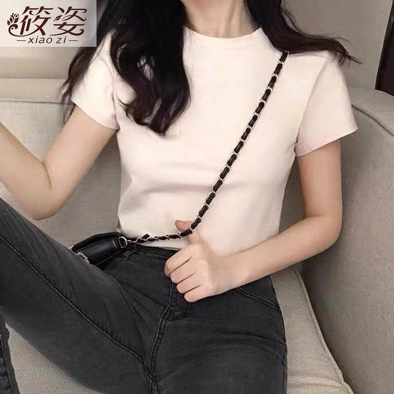 筱姿chic港味t恤女夏季2023新款修身顯瘦打底衫歐貨短袖純棉上衣