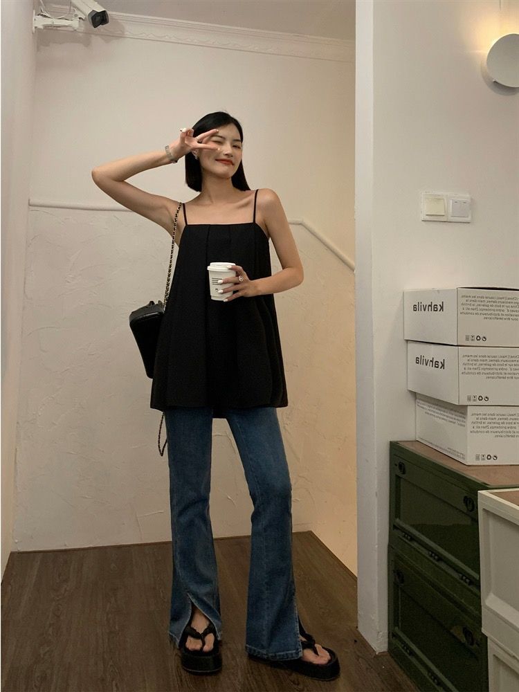 Black design sense outerwear camisole women's 2023 summer new loose and thin mid-length sleeveless top