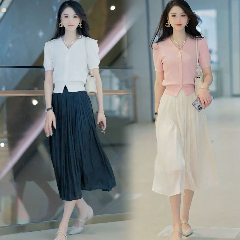 藍海奕諾V領冰絲短袖半身裙套裝女2023夏裝氣質連衣裙顯瘦兩件套