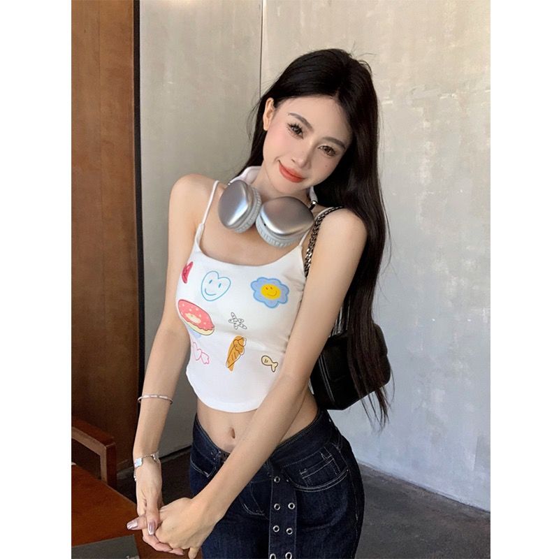 印花帶胸墊夏季內搭背心吊帶性感收腰上衣女外穿顯瘦復古ins短款