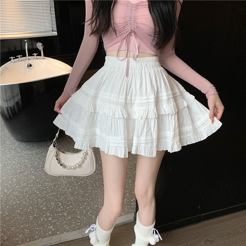 Sweet French Cake Skirt Women's Summer  New High Waist Slim Anti Shining Skirt A-line Short Skirt Half length Skirt