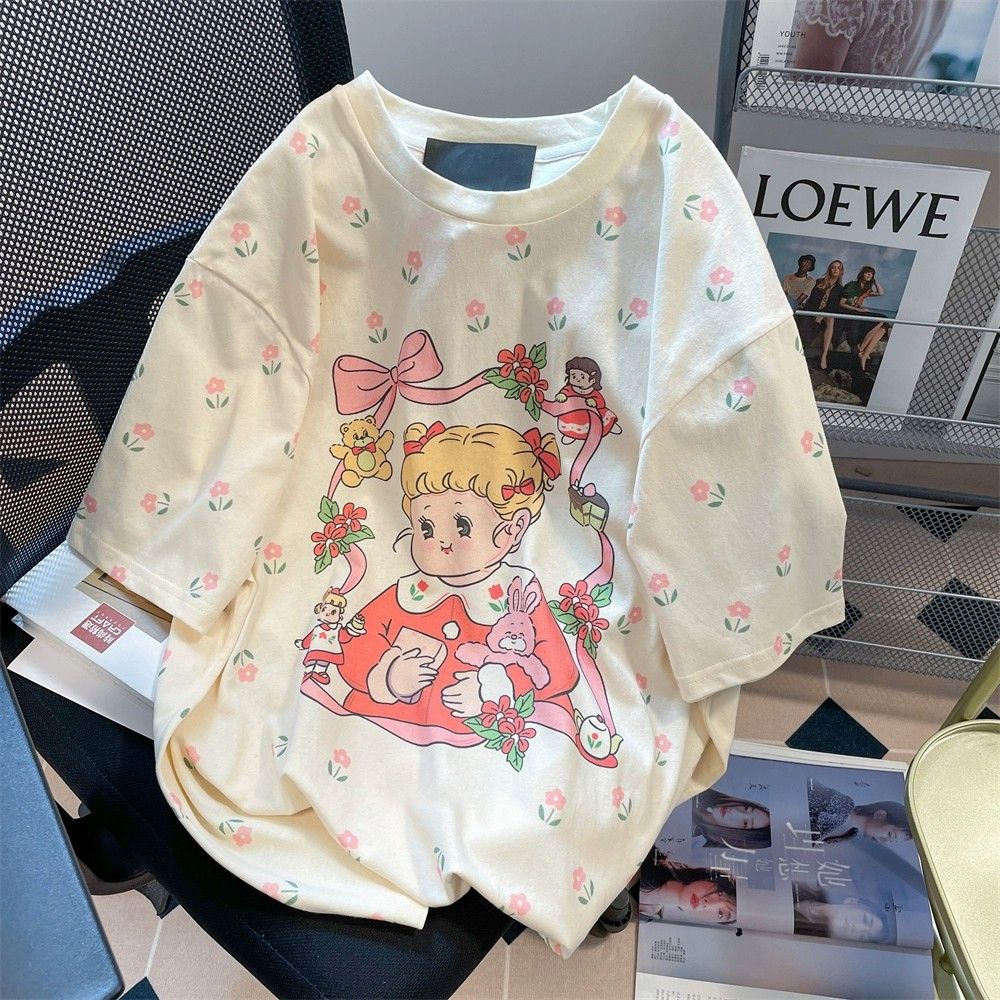 奶黃色日系可愛減齡碎花純棉短袖t恤女夏港風洋氣甜美可愛ins上衣