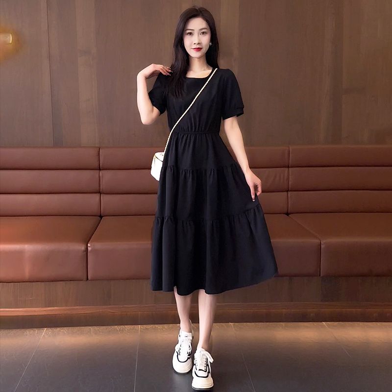 Xiaozi short-sleeved dress women's mid-length  new temperament slim waist fashion high waist loose casual skirt