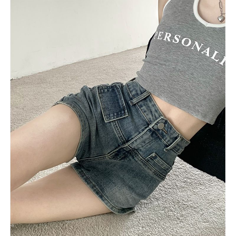 辣妹復古牛仔短褲女夏季新款ins潮高腰顯瘦a字小個子直筒闊腿褲子