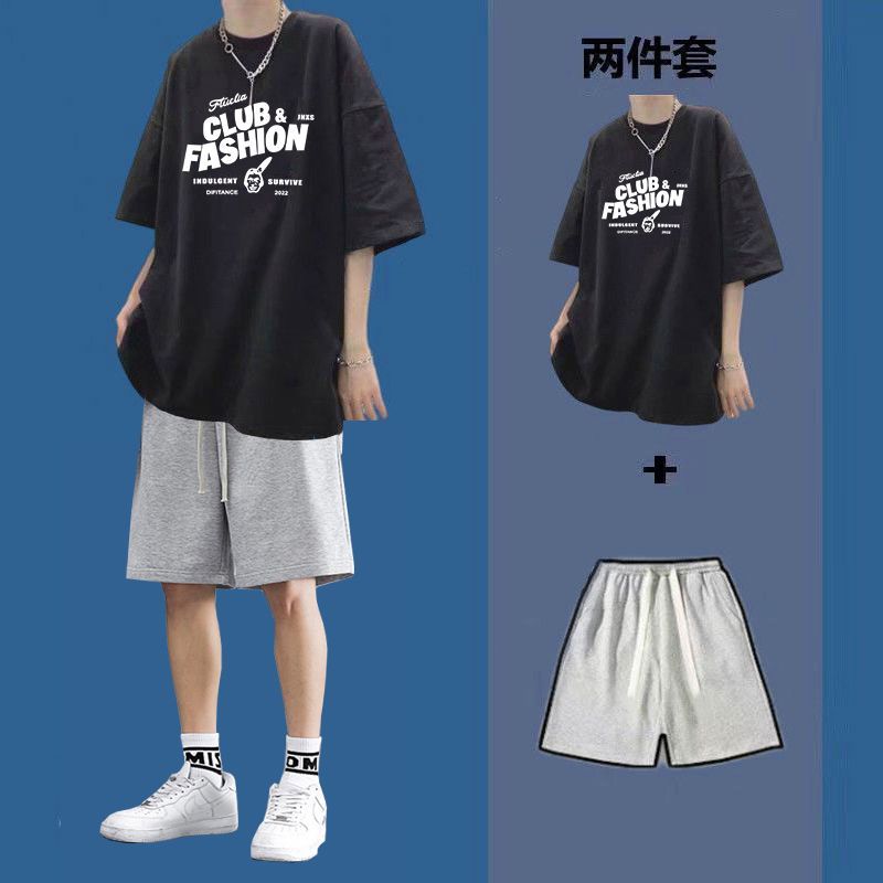 Printed short-sleeved T-shirt men's summer loose men's clothing set with shorts handsome ins fashion brand boys' clothing suit