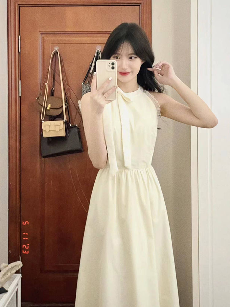 溫柔風甜美學院風超仙氣質蝴蝶結綁帶連衣裙女學生夏日初戀小白裙