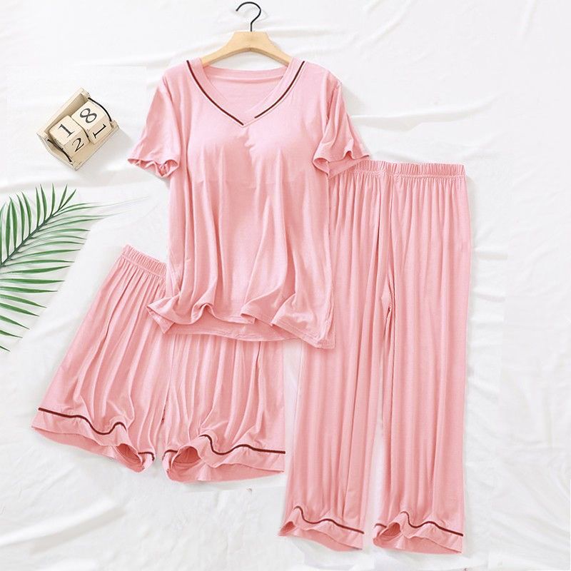 Large size pajamas with chest pad women's summer thin loose short-sleeved cropped pants shorts suit home service three-piece suit