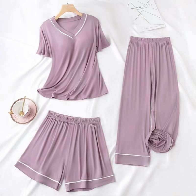 Large size pajamas with chest pad women's summer thin loose short-sleeved cropped pants shorts suit home service three-piece suit