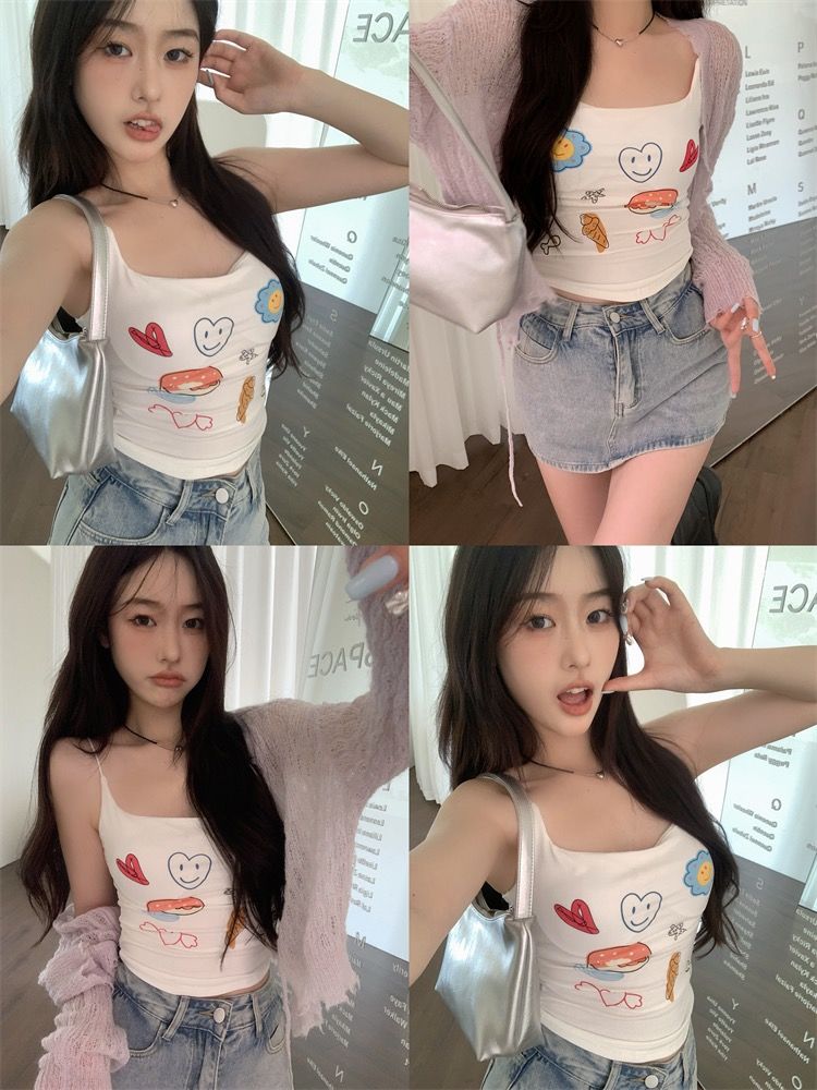kumikumi趣味卡通印花吊帶背心女外穿夏季甜辣妹緊身內搭短款上衣