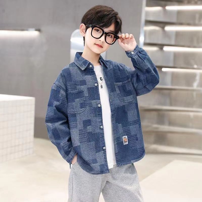 Boys' denim shirt 2023 spring and autumn new style children's long-sleeved casual jacket student shirt cardigan outer top