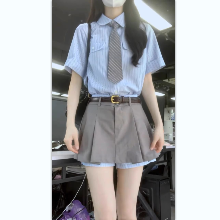 学院风蓝色条纹短袖衬衫夏季双腰头拼接褶裥廓形灰色裙裤套装女