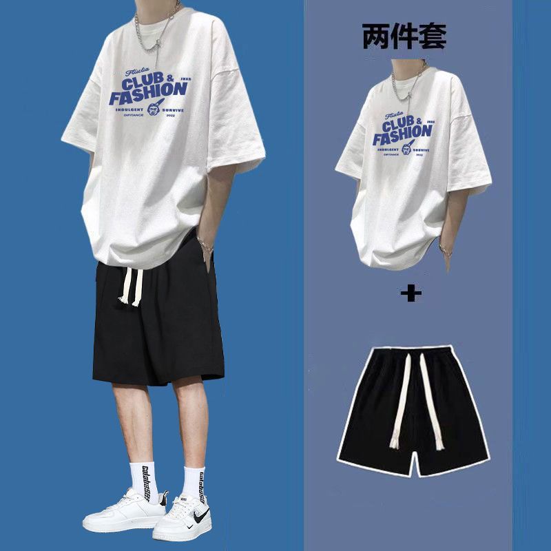 Printed short-sleeved T-shirt men's summer loose men's clothing set with shorts handsome ins fashion brand boys' clothing suit