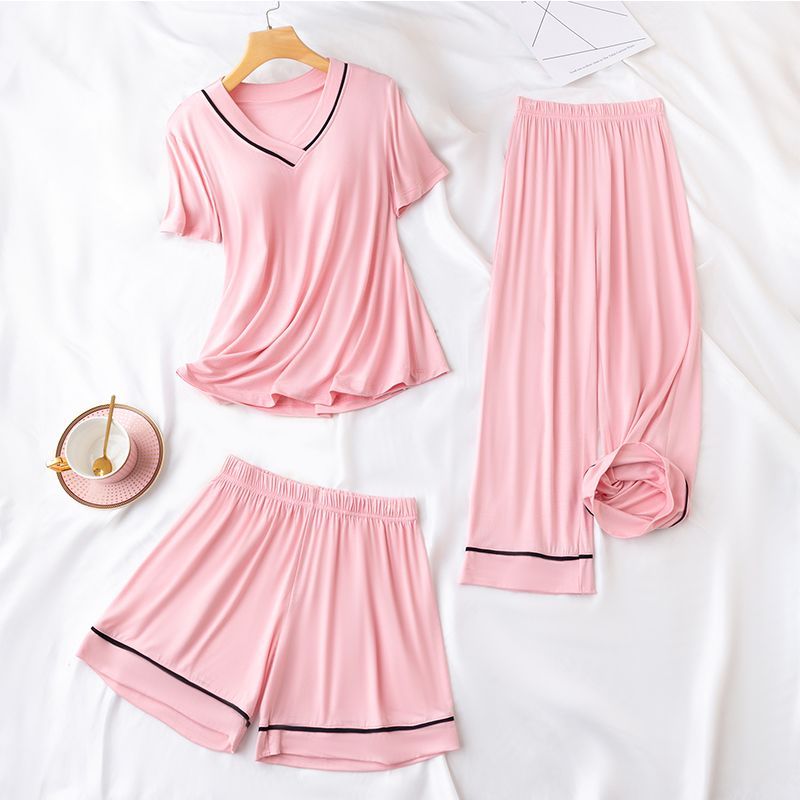 Large size pajamas with chest pad women's summer thin loose short-sleeved cropped pants shorts suit home service three-piece suit