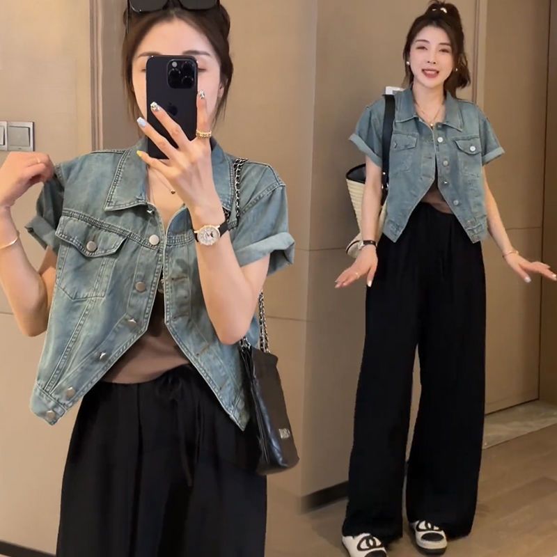 Blue Sea Yinuo Loose Thin Short-sleeved Denim Jacket Female 2023 Summer Small Man Thin Shirt Short Top Trendy