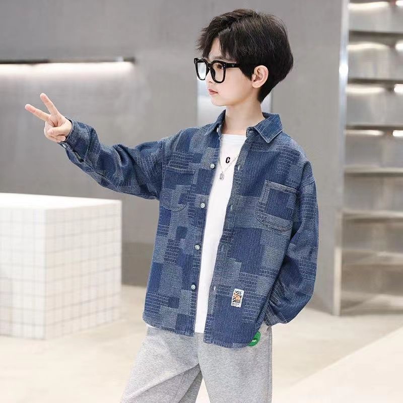 Boys' denim shirt 2023 spring and autumn new style children's long-sleeved casual jacket student shirt cardigan outer top