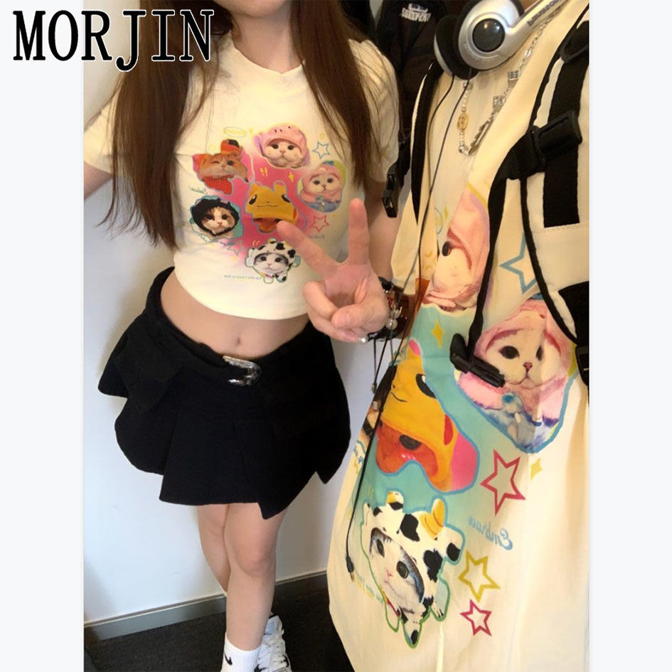 MORJIN sweet cool cute cat cotton short-sleeved T-shirt female tide brand American retro round neck loose couple tops