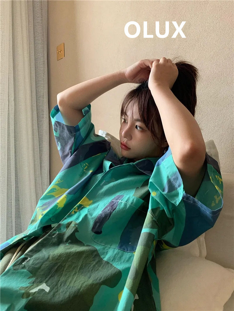 OLUX夏季新款韓版港風扎染沙灘襯衫設計感小眾別致寬鬆百搭上衣女