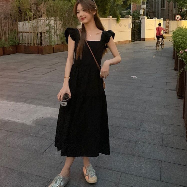  Black Feifei Sleeves Square Neck Dress Small Versatile Back Slimming Waist Slim Tea Break A-Line Skirt