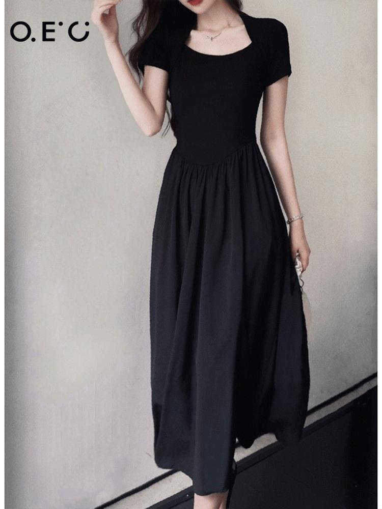 OEC方领黑色连衣裙学院风短袖修身显瘦裙子小众设计气质拼接长裙