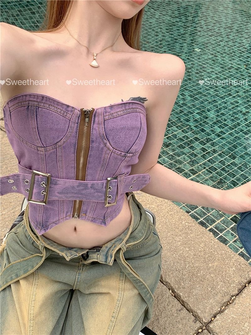 Hot girl retro denim chest vest female summer design niche ins purple corset sexy tube top