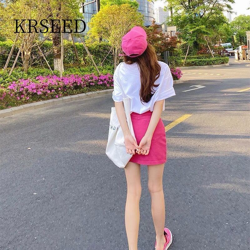KRSEED夏季网红小个子可盐可甜短袖t恤+玫红色牛仔短裙减龄两件套