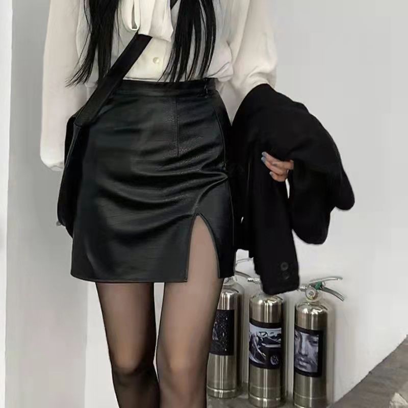 Hot Girl PU Leather Skirt 2023 New Black Korean Version High Waist Skirt Large Size Slim Sexy Split Hip Skirt Female