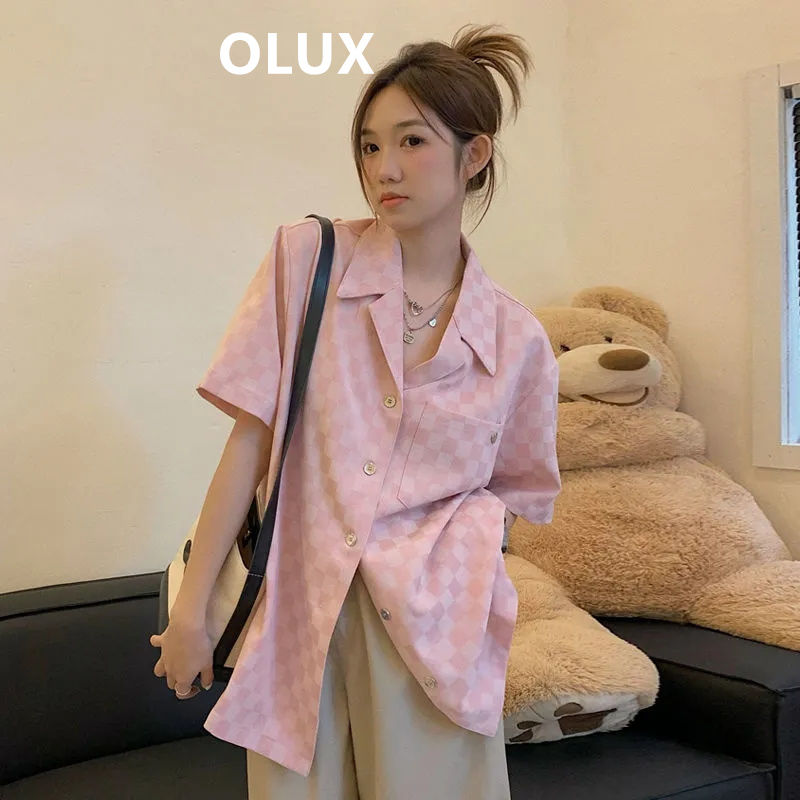 OLUX韓版慵懶風棋盤格襯衫女夏季新款設計感小眾寬鬆休閒正肩上衣