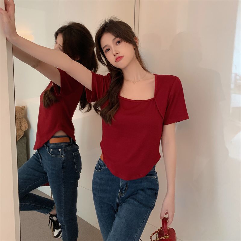 Square collar pure red short-sleeved T-shirt irregular fat mm summer women's clothing pure desire hot girl short top female self-cultivation