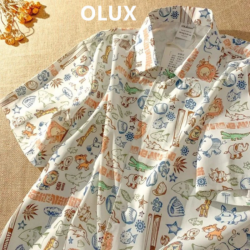 OLUX美式復古寬鬆百搭短袖襯衫夏季新款日系可愛趣味卡通印花襯衣