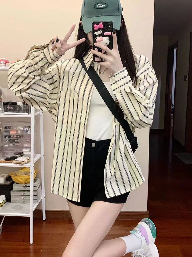 條紋襯衫女設計感小眾2022夏季新款學生韓版寬鬆百搭薄款防曬襯衣