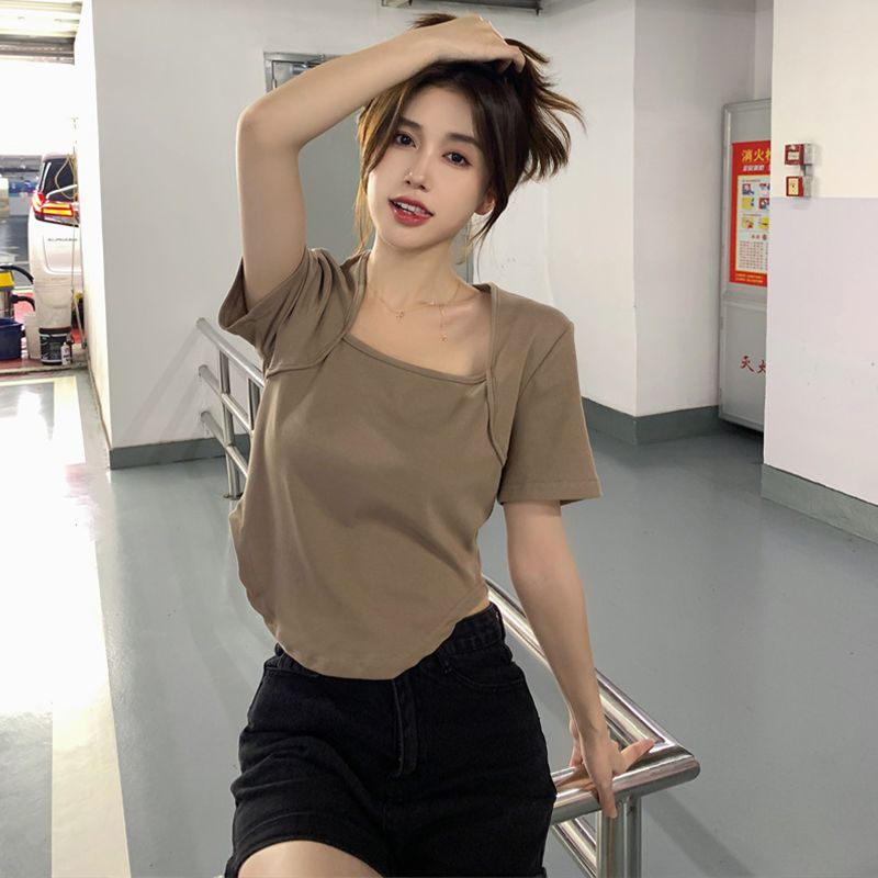 Square collar pure red short-sleeved T-shirt irregular fat mm summer women's clothing pure desire hot girl short top female self-cultivation