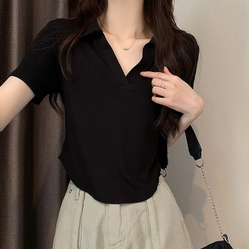 Green slim polo collar solid color niche short-sleeved T-shirt women  spring and summer new European design top ins