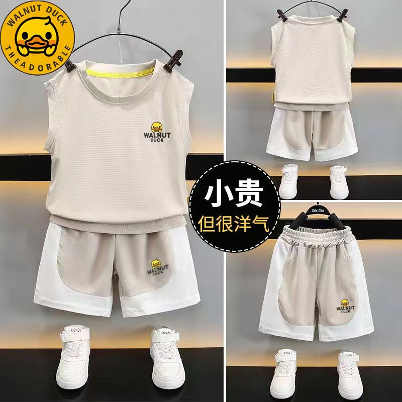 Little yellow duck boy vest suit baby summer sleeveless shorts two-piece set for small and medium-sized children to wear street summer clothes