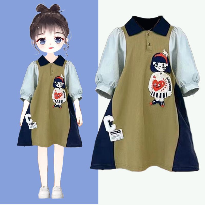 Girls Long POLO Collar Summer Dress 2023 Summer T-shirt New Children's Korean Style Splicing Skirt