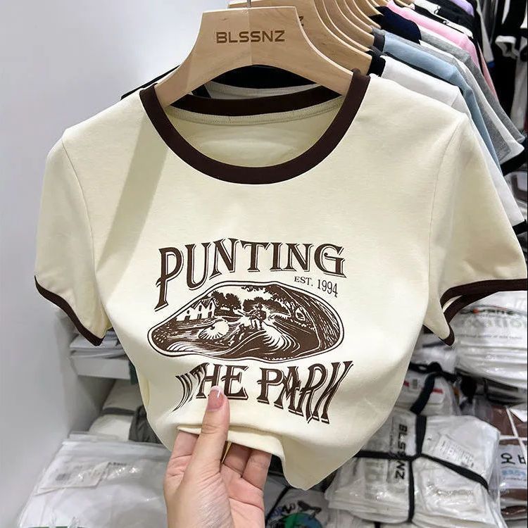 美式復古t恤女短袖夏季時尚印花撞色別致短款上衣女設計感半袖潮