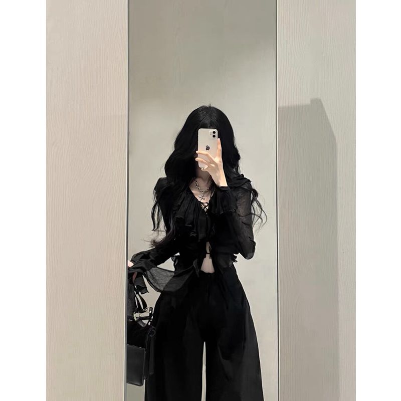 套裝女2023夏季新款設計感荷葉邊開衫辣妹上衣高腰顯瘦西裝闊腿褲