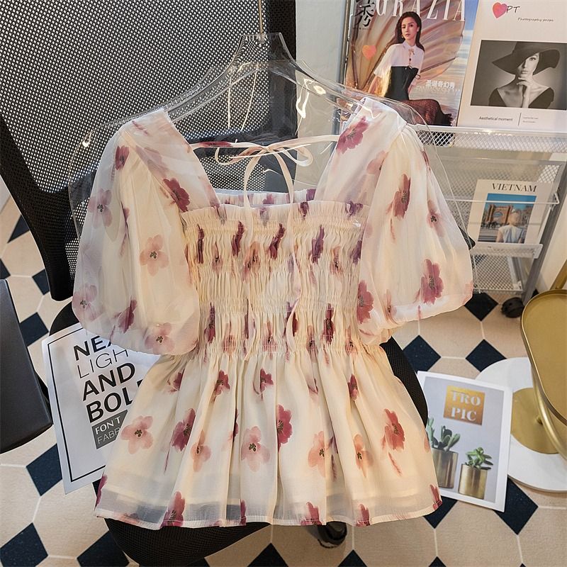 2023 Summer New Design Niche Square Neck Shirts Plus Size Women's Fashionable and Versatile Slim Printed Shirts